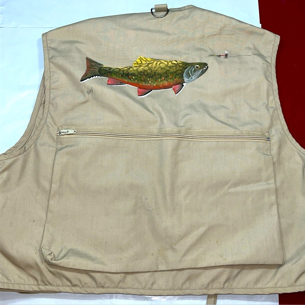 Rainbow trout TAN fishing VEST Mens LRG Multi Pockets Fly-Fishing HAND PAINTED